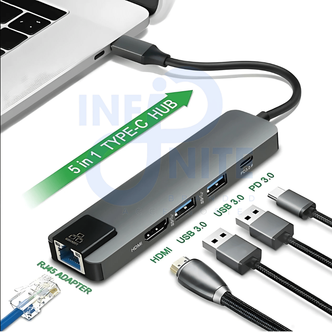 Type C to 5 In 1 HUB (LAN + TYPE-C + HDMI + USB3.0*2) - infinite branded accessories