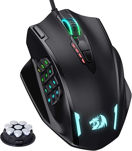 Redragon M908 IMPACT MMO Gaming Mouse up to 12,400 DPI High Precision Mouse for PC, 18 Programmable Buttons, Weight Tuning Cartridge, 12 Side Buttons, 5 programmable user profiles, 16.8 Million Customizing LED Color Option
