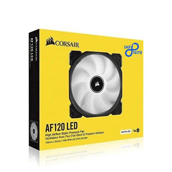 Corsair white RGB cooling fan – high-performance 120mm case fan with vivid LED lighting, front box view