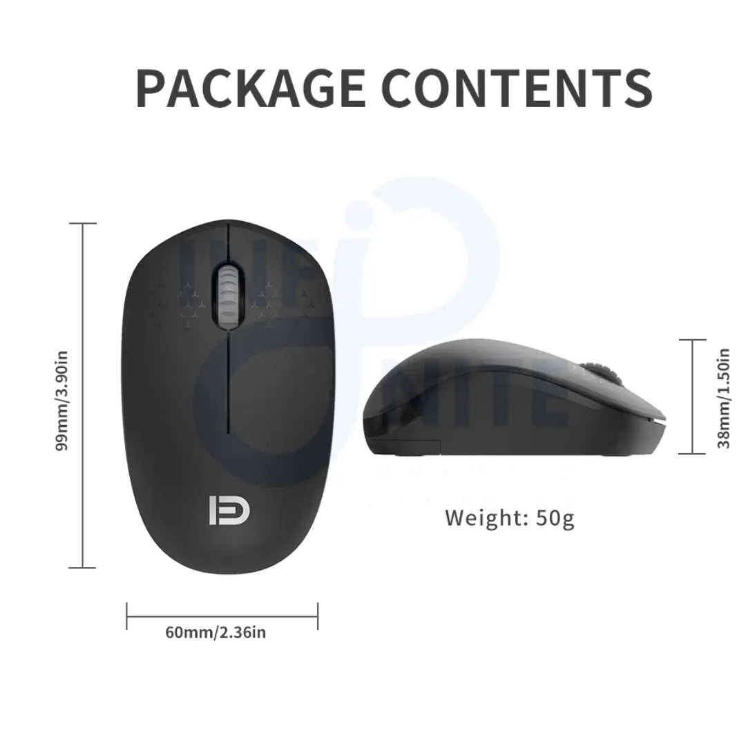 FD I210 mouse size dimensions displayed with width, height, and length measurements