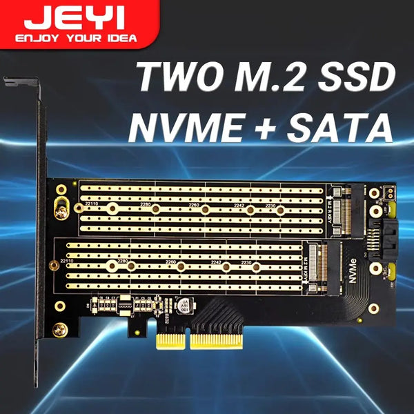 JEYI Dual M.2 PCIE 4.0 NVMe SSD Adapter / NGFF SSD, NVME (M Key) and SATA (B Key) SSD to PCIe X4 X8 X16 Slot for Desktop PC - Infinite Branded Accessories