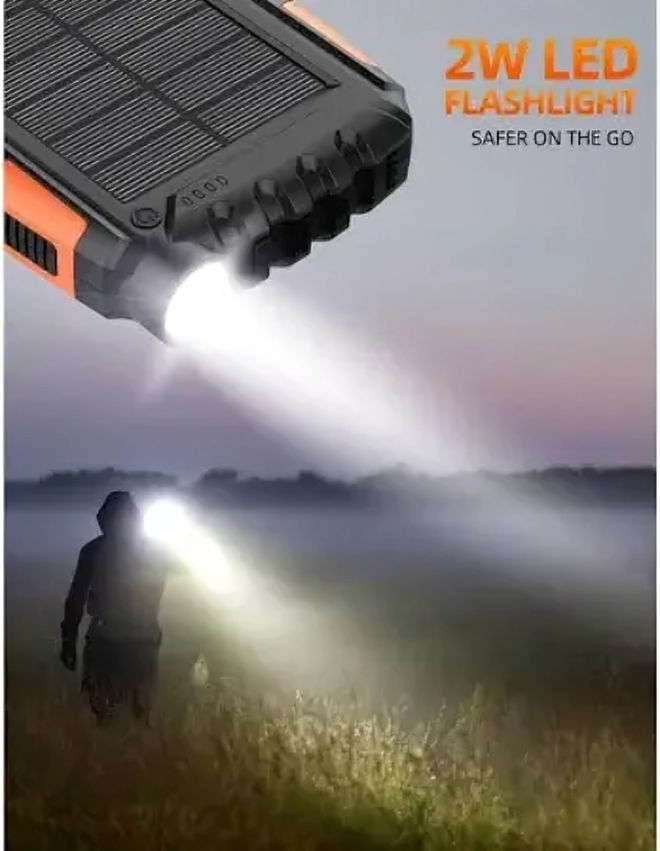 42880mAh solar power bank with dual USB ports and LED flashlight