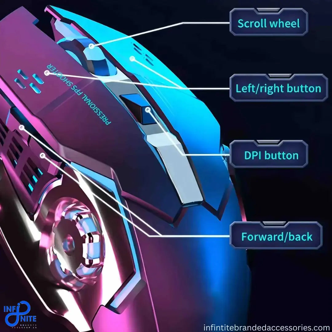 High-precision wired gaming mouse with stealth clicks and adjustable DPI levels