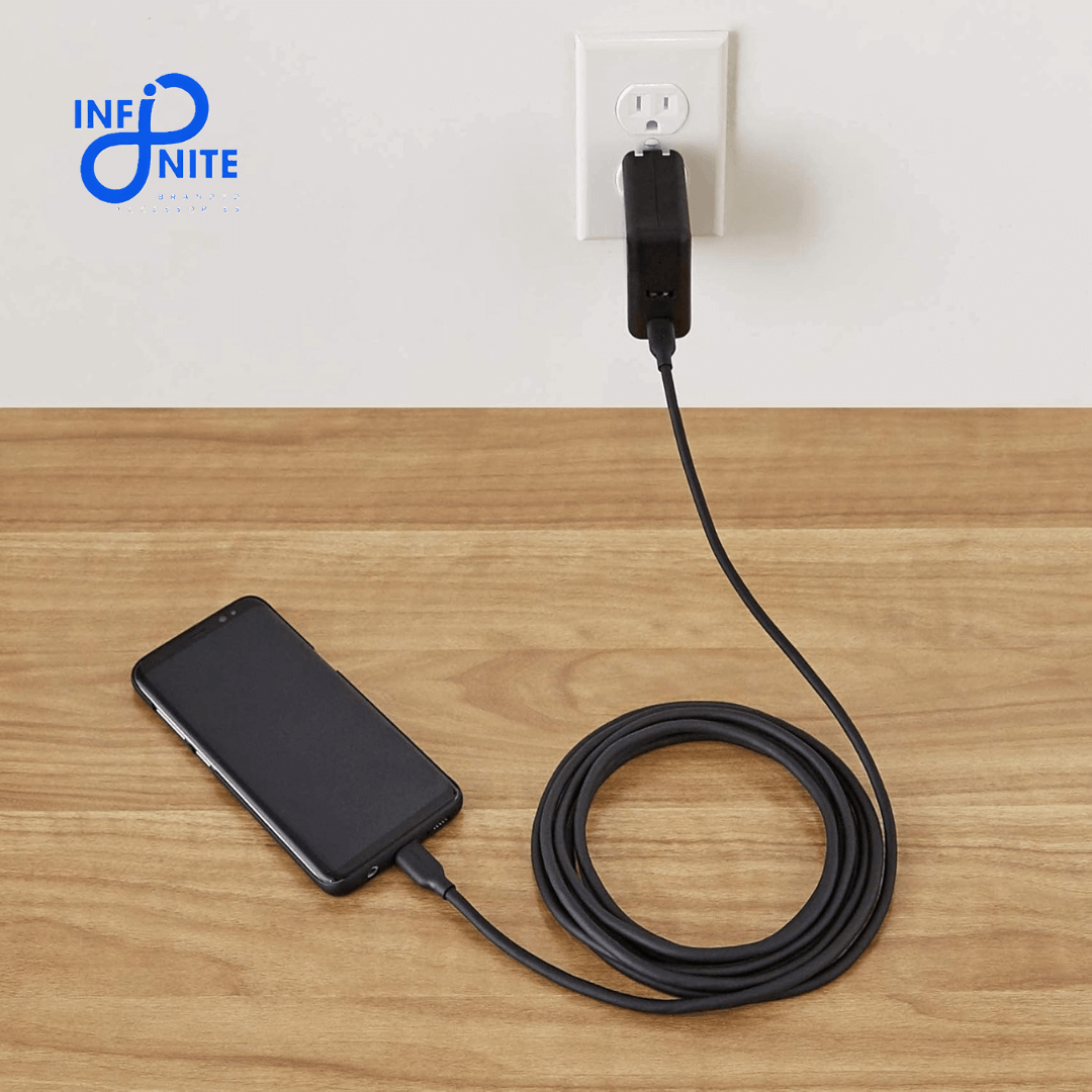 Type-C charging cable plugged into charger for fast charging and power delivery