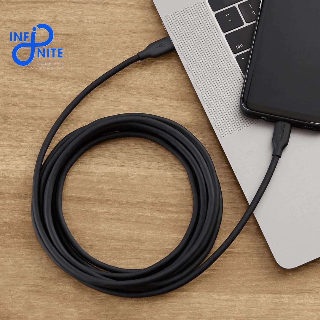 Type-C to Type-C cable connected to mobile and laptop during fast data transfer
